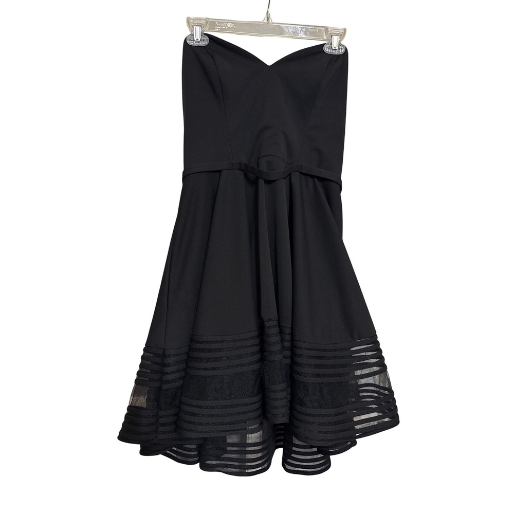 La Femme Black Strapless Sweetheart Illusion Striped Hem Cocktail Dress Size 12